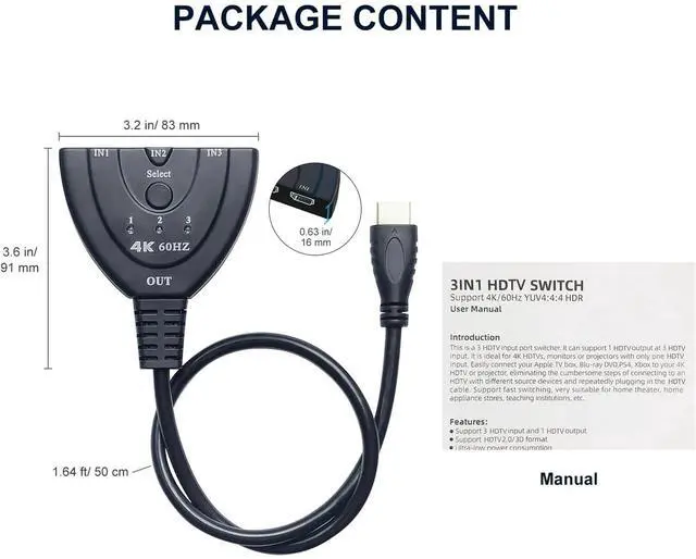 Alt view image 4 of 7 - BUCIER HDMI Splitter Adapter Cable, 1080P HDMI Splitter 3 in 1 Out, HDMI Male to 2 HDMI Female 1 to 2 Way Splitter Cable for HDTV, LCD Monitor and Projectors