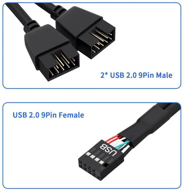 Alt view image 2 of 6 - BUCIER 1 Pack Motherboard 9 Pin USB 2.0 to Dual 9 Pin Extension Splitter, Motherboard USB Splitter 9 Pin Header Cable, USB2.0 Header Splitter for Internal Computer Motherboard (Braided Black)