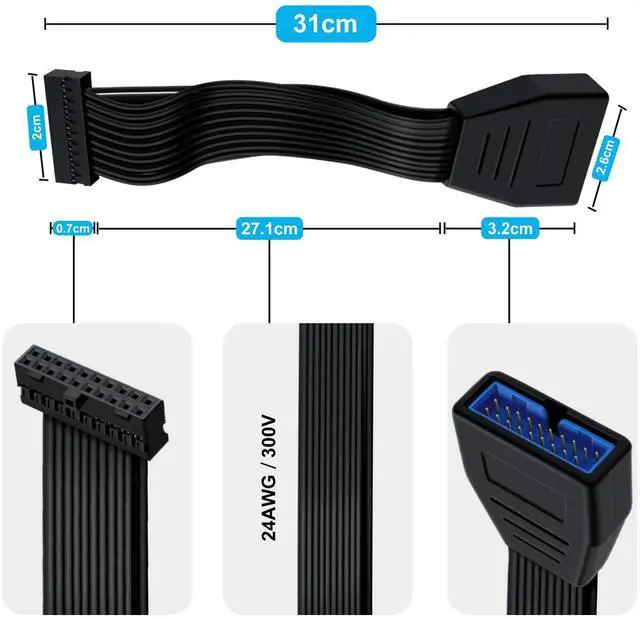 Alt view image 4 of 7 - BUCIER USB 3.0 19/20 Pin Extension Cable USB 3.0 19/20 Pin Internal Extension Header Adapter Cable, for Desktop Computers (30 cm)