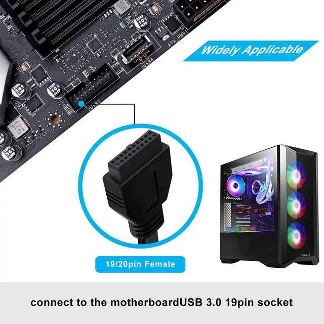 Alt view image 5 of 6 - BUCIER USB 3.0 Front Panel Cable Extension with Panel Mount Holes 5Gbps Motherboard 19/20pin Header Splitter to 2 USB Female (30 cm)