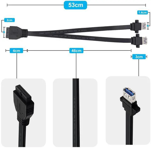 Alt view image 6 of 6 - BUCIER USB 3.0 Front Panel Cable Extension with Panel Mount Holes 5Gbps Motherboard 19/20pin Header Splitter to 2 USB Female (50 cm)