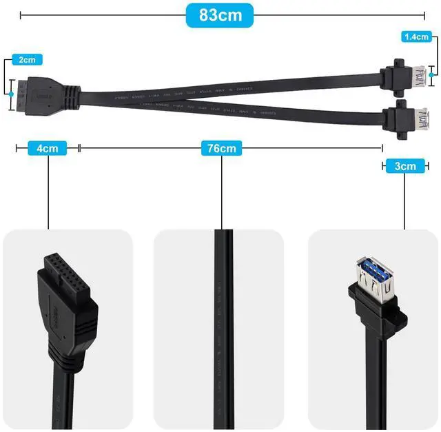 Alt view image 6 of 6 - BUCIER USB 3.0 Front Panel Cable Extension with Panel Mount Holes 5Gbps Motherboard 19/20pin Header Splitter to 2 USB Female (80 cm)