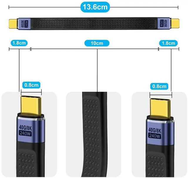 Alt view image 4 of 6 - BUCIER Short Flat USB C Cable 40Gbps High Speed Short USB C Thunderbolt 4 Cable 240W 48V 5A Support Audio & Video 8K@60Hz, for Phones, Laptops, PC (Straight, 13 cm)