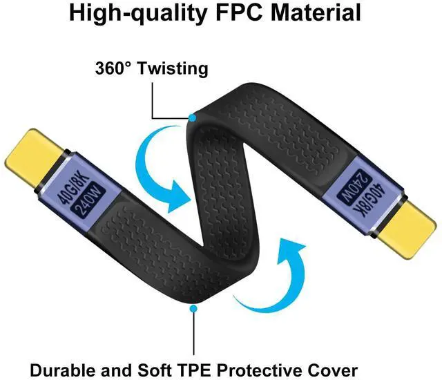 Alt view image 3 of 6 - BUCIER Short Flat USB C Cable 40Gbps High Speed Short USB C Thunderbolt 4 Cable 240W 48V 5A Support Audio & Video 8K@60Hz, for Phones, Laptops, PC (Straight, 13 cm)