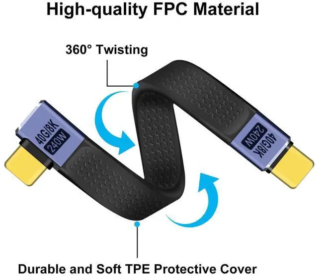 Alt view image 3 of 6 - BUCIER Short Flat USB C Cable 40Gbps High Speed Short USB C Thunderbolt 4 Cable 240W 48V 5A Support Audio & Video 8K@60Hz, for Phones, Laptops, PC (Left Right Bent, 13 cm)