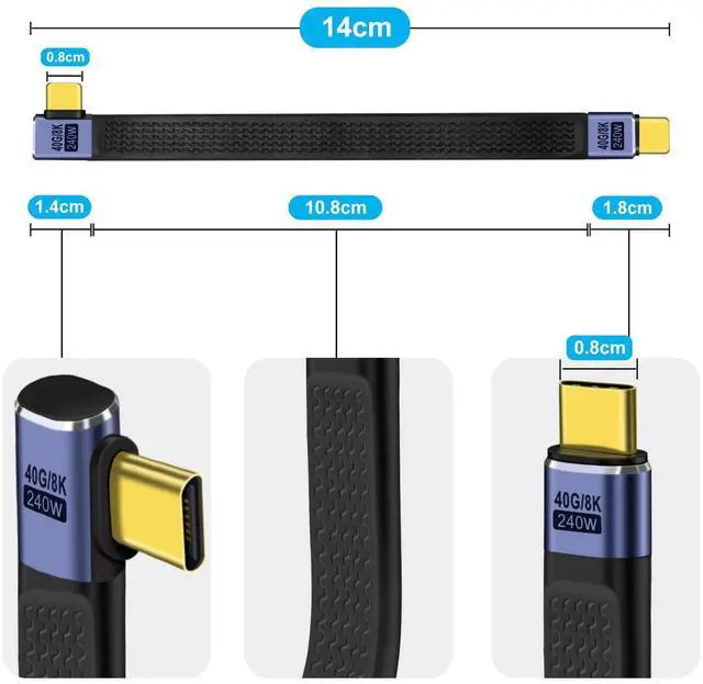 Alt view image 4 of 6 - BUCIER Short Flat USB C Cable 40Gbps High Speed Short USB C Thunderbolt 4 Cable 240W 48V 5A Support Audio & Video 8K@60Hz, for Phones, Laptops, PC (Left Right Bent, 13 cm)