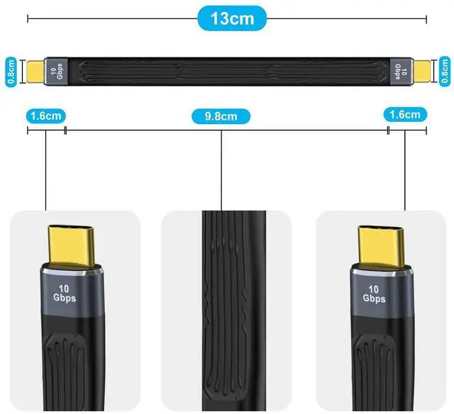 Alt view image 4 of 6 - BUCIER Fast Charger USB C Flat Cable10Gbps Type C Charger Cable Flat 100W 20V 5A Support Audio & Video 4K@60Hz, for Phones,Laptops,PC (C Male to C Male, 13 cm)