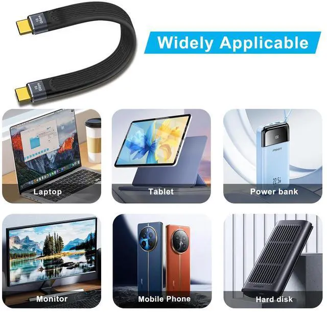 Alt view image 6 of 6 - BUCIER Fast Charger USB C Flat Cable10Gbps Type C Charger Cable Flat 100W 20V 5A Support Audio & Video 4K@60Hz, for Phones,Laptops,PC (C Male to C Male, 13 cm)