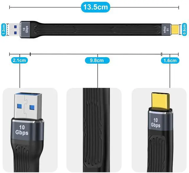 Alt view image 4 of 6 - BUCIER USB to USB C Flat Cable 10Gbps Type C Charger Cable Flat 100W 20V 5A Support Audio & Video 4K@60Hz, for Phones,Laptops,PC (A Male to C Male, 13 cm)