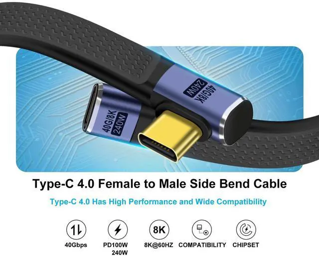 Alt view image 2 of 6 - BUCIER 90 Gegree USB C Extension Cable 40Gbps Flat USB C Extension Cable 240W 48V 5A Support Audio & Video 8K@60Hz, for Phones, Laptops, PC (Left Right Bent, 13 cm)
