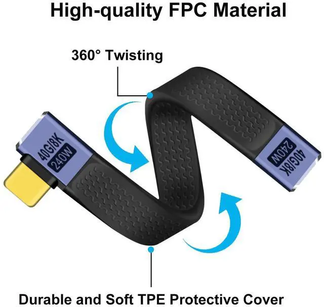 Alt view image 3 of 6 - BUCIER 90 Gegree USB C Extension Cable 40Gbps Flat USB C Extension Cable 240W 48V 5A Support Audio & Video 8K@60Hz, for Phones, Laptops, PC (Left Right Bent, 13 cm)