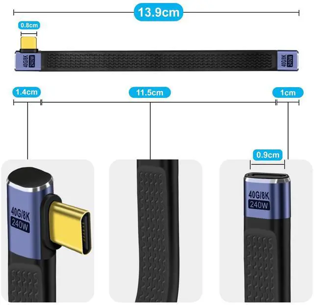 Alt view image 4 of 6 - BUCIER 90 Gegree USB C Extension Cable 40Gbps Flat USB C Extension Cable 240W 48V 5A Support Audio & Video 8K@60Hz, for Phones, Laptops, PC (Left Right Bent, 13 cm)