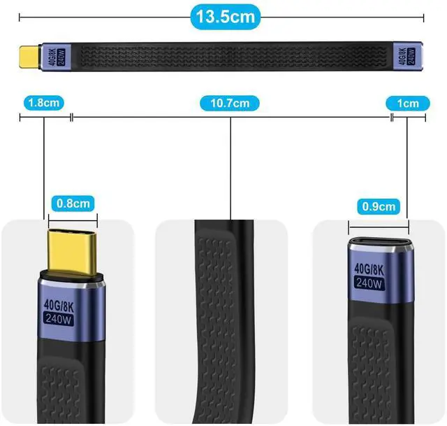 Alt view image 4 of 6 - BUCIER USB C Extension Cable 40Gbps Flat USB C Extension Cable 240W 48V 5A Support Audio & Video 8K@60Hz, for Phones, Laptops, PC (Straight, 13 cm)