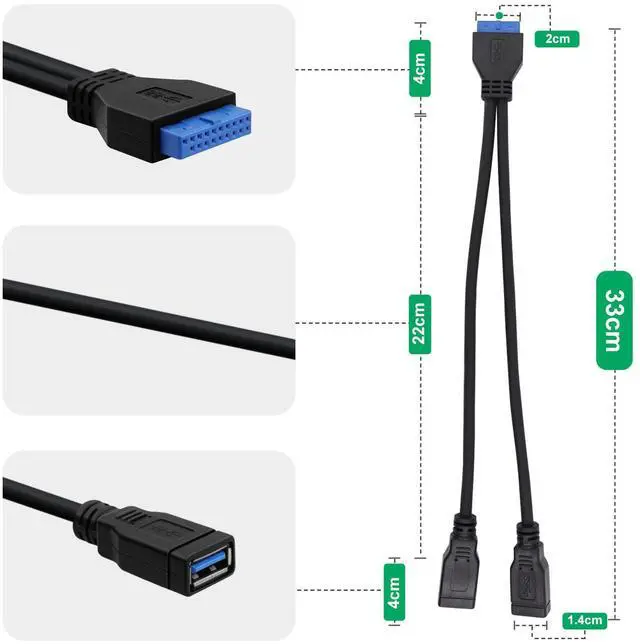 Alt view image 4 of 6 - BUCIER 2 Port USB 3.0 Female to Motherboard 19/20pin Y Splitter Cable USB 3.0 Front Panel Cable (1FT)