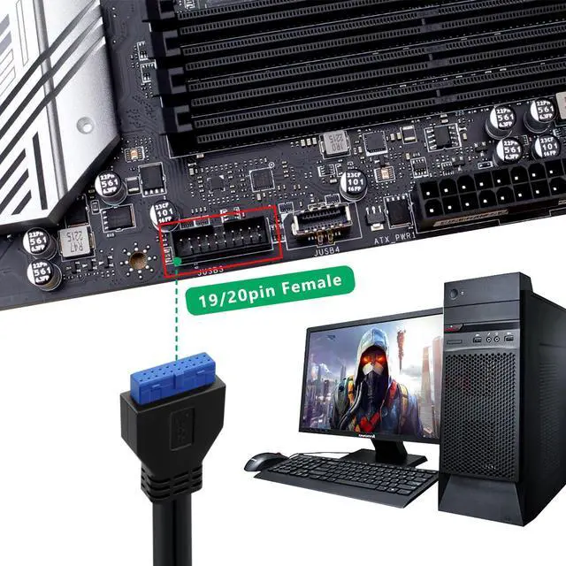 Alt view image 6 of 6 - BUCIER 2 Port USB 3.0 Female to Motherboard 19/20pin Y Splitter Cable USB 3.0 Front Panel Cable (1FT)