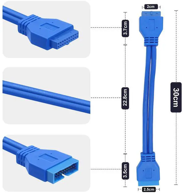 Alt view image 4 of 6 - BUCIER USB 3.0 Motherboard Extension Cable 19/20 Pin Male to Female Internal Adapter (Blue, 1FT)