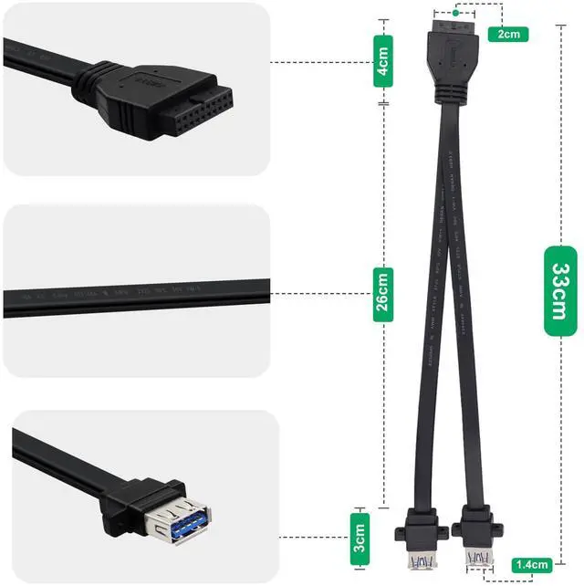 Alt view image 4 of 6 - BUCIER USB 3.0 Front Panel Cable 5Gbps USB 3 0 Header Extension Cable 19/20 Pin USB 3.0 Front Panel Extension with Panel Mount Holes (30cm)