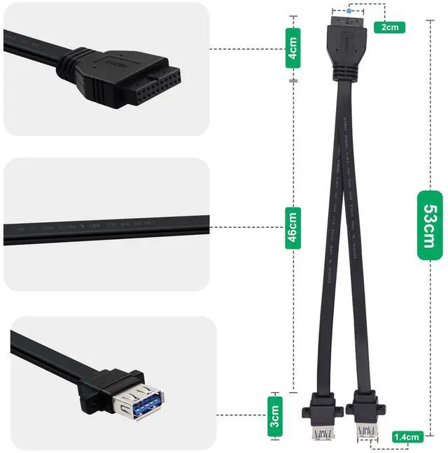Alt view image 4 of 6 - BUCIER USB 3.0 Front Panel Cable 5Gbps USB 3 0 Header Extension Cable 19/20 Pin USB 3.0 Front Panel Extension with Panel Mount Holes (50 cm)