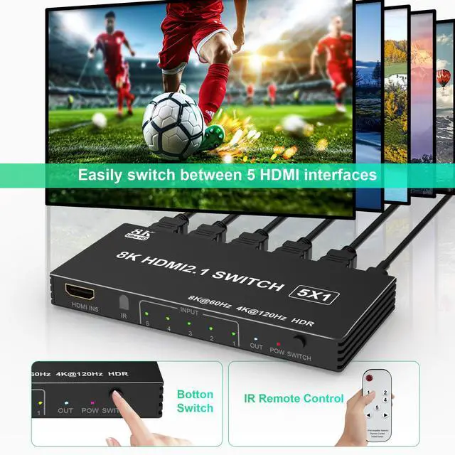 Alt view image 5 of 7 - BUCIER 8K HDMI Switch 4K 120Hz - 5 in 1 Out HDMI Splitter Switcher 8K@60Hz 4K@120Hz with Remote 3D HDR10+ HDCP 2.3 CEC, Use for PS5/4/3 Xbox DVD Player Fire Stick Roku TV PC Nintendo Switch