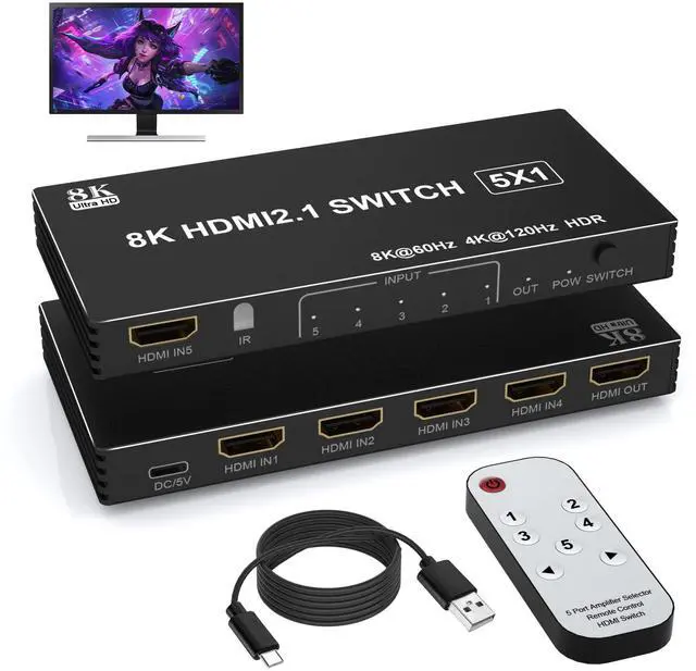 Main image of BUCIER 8K HDMI Switch 5 in 1 Out HDMI Splitter - 8K@60Hz/4K@120Hz HDMI Switcher 5 Port with IR Remote for Xbox PS4 PC TV