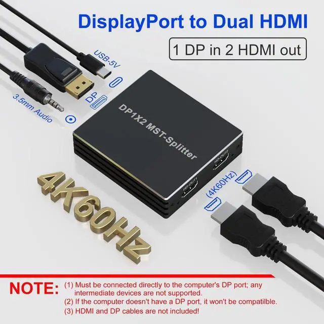 Alt view image 3 of 7 - BUCIER DisplayPort to Dual HDMI Adapter DP to HDMI Splitter for Dual Monitors - 4K@60Hz Displayport to HDMI Splitter Extended Display MST 1 in 2 Out Hub for PC, Graphic Card and More
