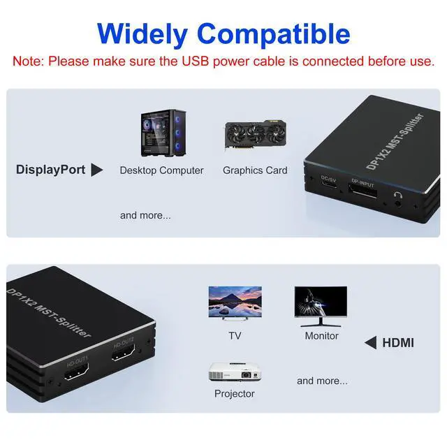 Alt view image 7 of 7 - BUCIER DisplayPort to Dual HDMI Adapter DP to HDMI Splitter for Dual Monitors - 4K@60Hz Displayport to HDMI Splitter Extended Display MST 1 in 2 Out Hub for PC, Graphic Card and More