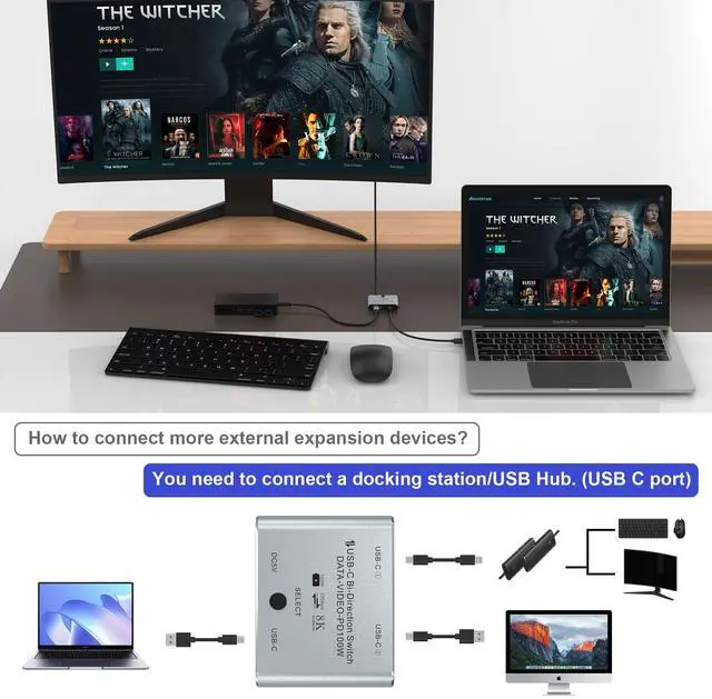 Alt view image 7 of 7 - BUCIER 8K USBC Switch USB C Switcher for 2 Computers - Bi Directional USB C KVM Switch Splitter for 8K@60Hz/4K@144Hz Video Transfer+100W Charging+10Gbps Data, with Power Cable