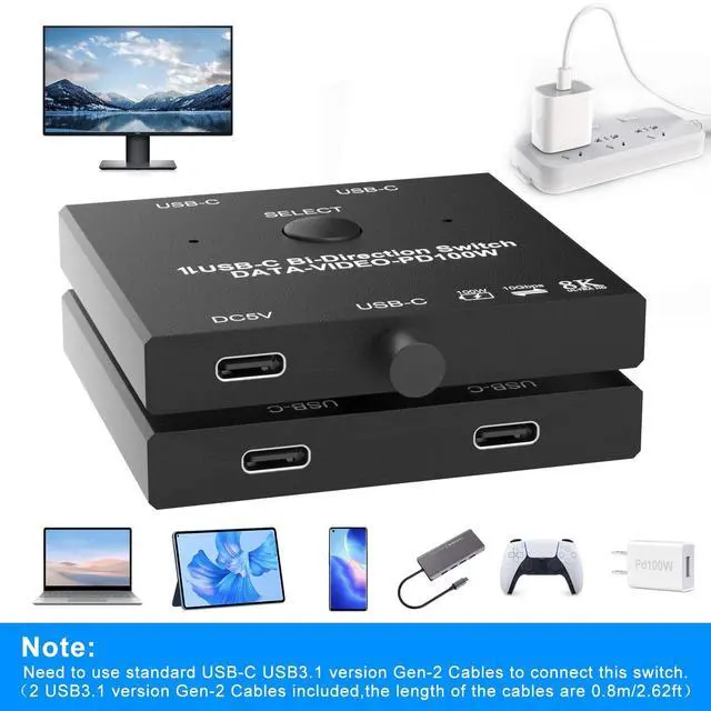 Alt view image 7 of 7 - BUCIER 8K USB C Switch, USB C Switcher for 2 Computers Bi-Directional, USB C KVM Switch with Wired Remote & 2 USB-C Cables, for 100W Charging+10Gbps Data+Video Transfer, 8K@60Hz/4K@144Hz