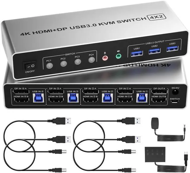 Main image of Displayport HDMI KVM Switch 2 Monitors 4 Computers - 4K60Hz Dual Monitor KVM Switch for 4 Computers Share 2 Monitors & 3 USB3.0 Ports/Audio/Mic, HDMI DP KVM Switches 4 Ports for 4 PC 3 USB Devices