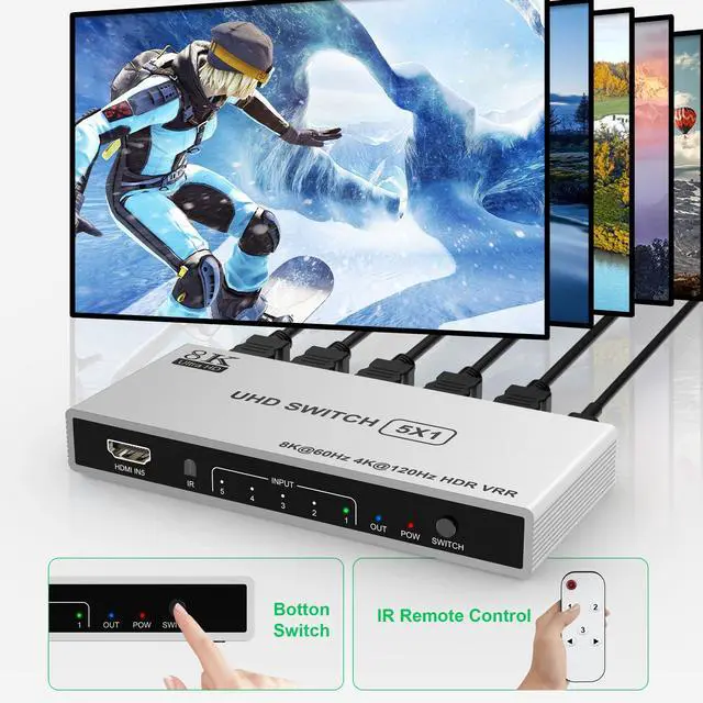 Alt view image 5 of 7 - BUCIER 5 Port HDMI 8K Switch with Remote HDMI 2.1 Switch HDMI Switcher Splitter 5 in 1 Out - 4K@120Hz/8K@60Hz, 48Gbps, HDR10+, Dolby, HDCP 2.3 CEC VRR, for PS5/PS4, Xbox X, TV