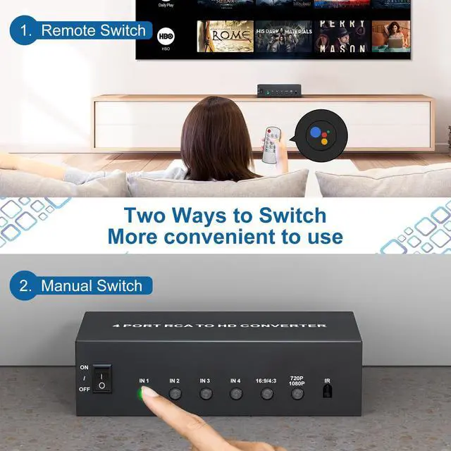 Alt view image 2 of 7 - BUCIER Multiple RCA to HDMI Converter -4 Port Red White Yellow Composite Component to HDMI Converter for N64/Smart TV/AUX/PS2/PS3/VHS/VCR/DVD Players, Support 4:3/16:9 1080P/720P RCA AV to hdmi Switch