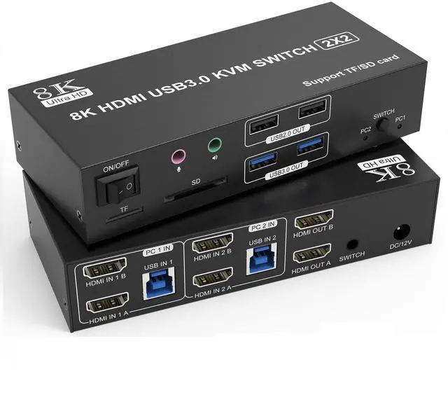 Main image of 8K HDMI KVM Switch 2 Monitors 2 Computers Dual Monitor Support 8K@60Hz 4K@120Hz KVM Switcher for 2 Computers Share 2 Monitor, 4 USB Devices, Audio Microphone and SD TF Card, DC 12V &Wired Controller