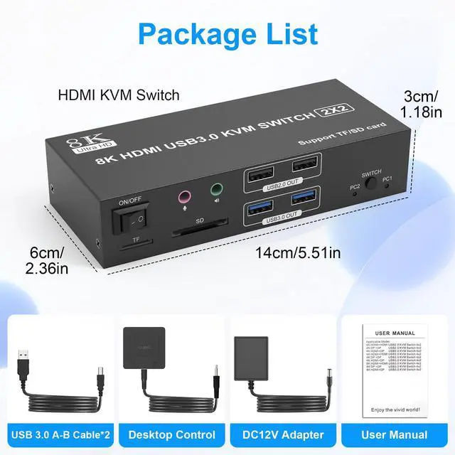 Alt view image 7 of 7 - 8K HDMI KVM Switch 2 Monitors 2 Computers Dual Monitor Support 8K@60Hz 4K@120Hz KVM Switcher for 2 Computers Share 2 Monitor, 4 USB Devices, Audio Microphone and SD TF Card, DC 12V &Wired Controller
