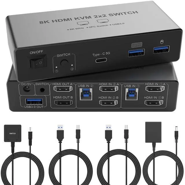 Main image of BUCIER 8K@60Hz HDMI KVM Switch 2 Monitors 2 Computers, Aluminum with 4 USB 3.0 Ports for 2 Computers Sharing Dual Monitors Keyboard Mouse Printer with 2 USB Cables/Power Adapter/Controller