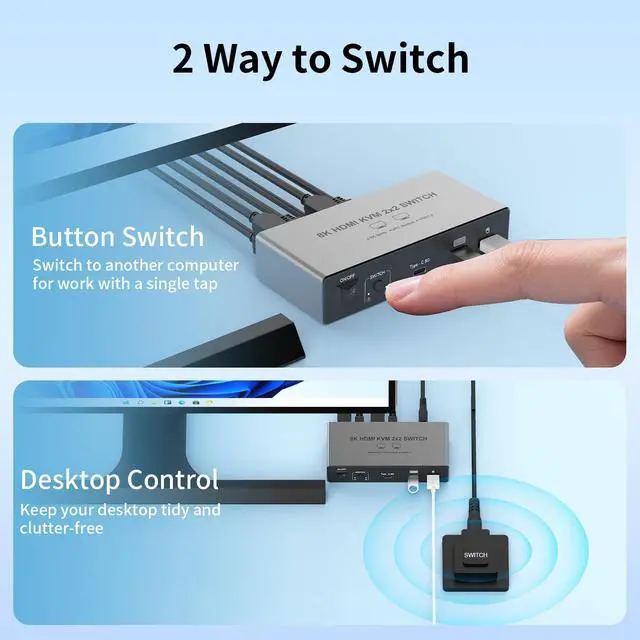 Alt view image 6 of 7 - BUCIER 8K@60Hz HDMI KVM Switch 2 Monitors 2 Computers, Aluminum with 4 USB 3.0 Ports for 2 Computers Sharing Dual Monitors Keyboard Mouse Printer with 2 USB Cables/Power Adapter/Controller