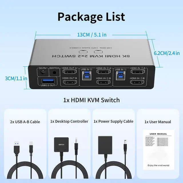 Alt view image 7 of 7 - BUCIER 8K@60Hz HDMI KVM Switch 2 Monitors 2 Computers, Aluminum with 4 USB 3.0 Ports for 2 Computers Sharing Dual Monitors Keyboard Mouse Printer with 2 USB Cables/Power Adapter/Controller