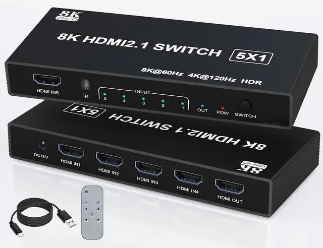 Main image of BUCIER HDMI Splitter 120Hz 4k-5 in 1 Out 8K HDMI 2.1 Switch Box Port Expander Selector with Remote Support 3D/HDR/HDCP2.3, Compatible with PS 5/4/3 Xbox Switch DVD Player TV PC 4k 120Hz HDMI Splitter