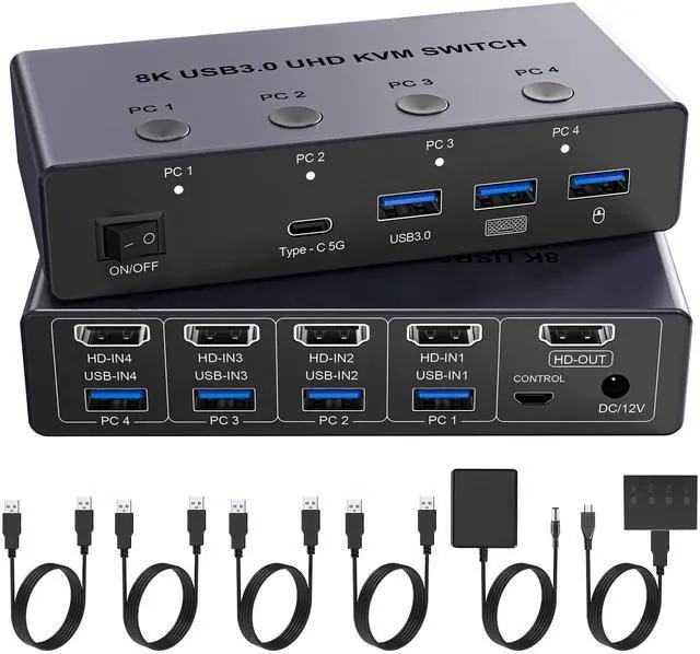Main image of BUCIER 8K@60Hz HDMI KVM Switch 4 Computers 1 Monitor with 4 USB 3.0 Ports Aluminum KVM Switches Share One Monitor Keyboard Mouse Hard Drives Printer with 4 USB Cables and Desktop Controller