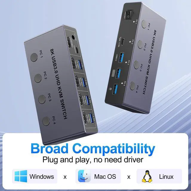 Alt view image 6 of 7 - BUCIER 8K@60Hz HDMI KVM Switch 4 Computers 1 Monitor with 4 USB 3.0 Ports Aluminum KVM Switches Share One Monitor Keyboard Mouse Hard Drives Printer with 4 USB Cables and Desktop Controller