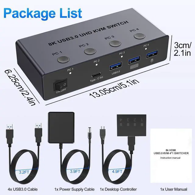 Alt view image 7 of 7 - BUCIER 8K@60Hz HDMI KVM Switch 4 Computers 1 Monitor with 4 USB 3.0 Ports Aluminum KVM Switches Share One Monitor Keyboard Mouse Hard Drives Printer with 4 USB Cables and Desktop Controller