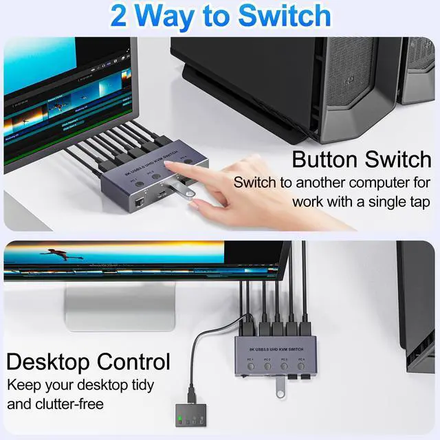 Alt view image 5 of 7 - BUCIER 8K@60Hz HDMI KVM Switch 4 Computers 1 Monitor with 4 USB 3.0 Ports Aluminum KVM Switches Share One Monitor Keyboard Mouse Hard Drives Printer with 4 USB Cables and Desktop Controller