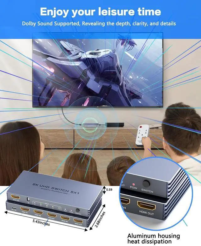 Alt view image 7 of 7 - HDMI Splitter 4K 240Hz - New Upgrade 5 in 1 Out 8K@60Hz 4K@240Hz HDMI Switch with Remote Support 3D/HDR/HDCP2.3, Compatible with PS5/4 Xbox Nintendo Switch Roku Apple TV Fire Stick 8k HDMI2.1 Splitter