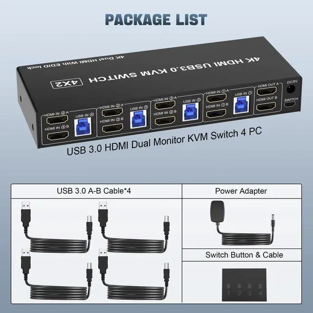 Alt view image 7 of 7 - USB 3.0 HDMI Dual Monitor KVM Switch for 4 PCs, Supports EDID, 4K 60Hz KVM Switch 2 Monitors 4 Computers, with Audio Microphone Output and 3 USB 3.0 Ports, PC Monitor Keyboard Mouse Switcher for 4 PC