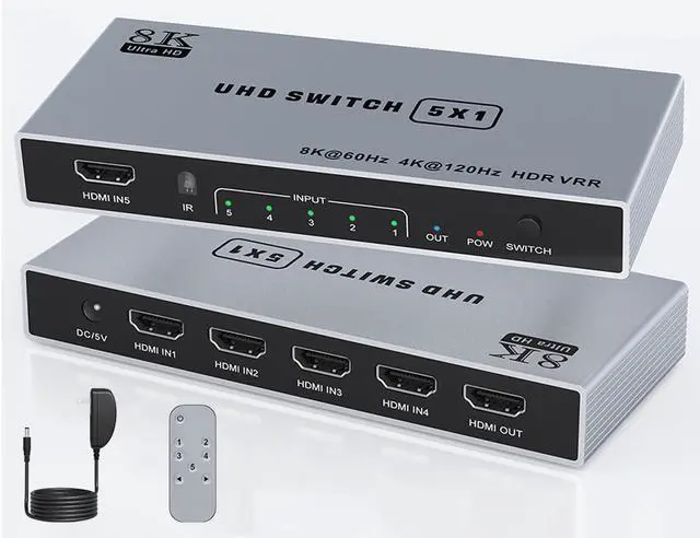 Main image of BUCIER 8K HDMI Splitter 5 in 1 Out HDMI Switch - 4k 120Hz HDMI 2.1 Switch Box Port Expander Selector with Remote Support 3D/HDR/HDCP2.3 Vision, Compatible with PS 5/4/3 Xbox Switch DVD Player TV PC