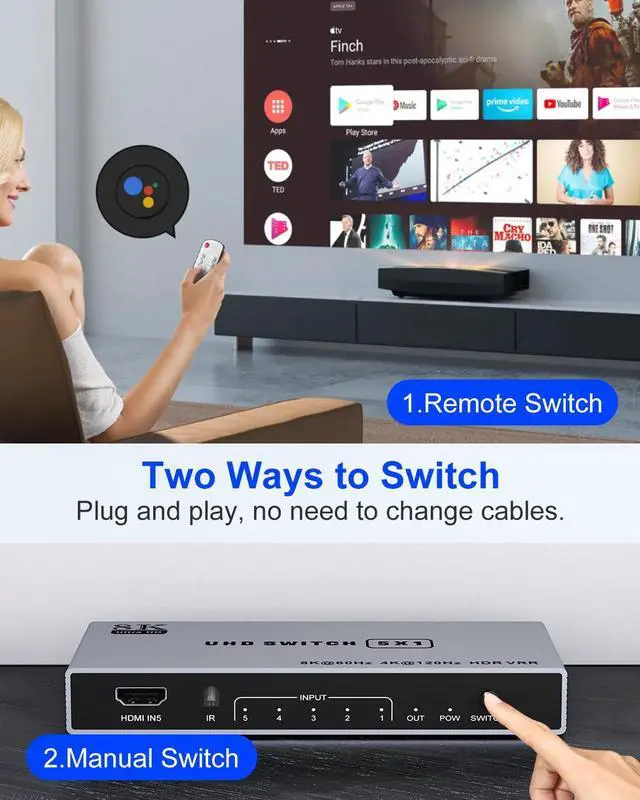 Alt view image 4 of 7 - BUCIER 8K HDMI Splitter 5 in 1 Out HDMI Switch - 4k 120Hz HDMI 2.1 Switch Box Port Expander Selector with Remote Support 3D/HDR/HDCP2.3 Vision, Compatible with PS 5/4/3 Xbox Switch DVD Player TV PC