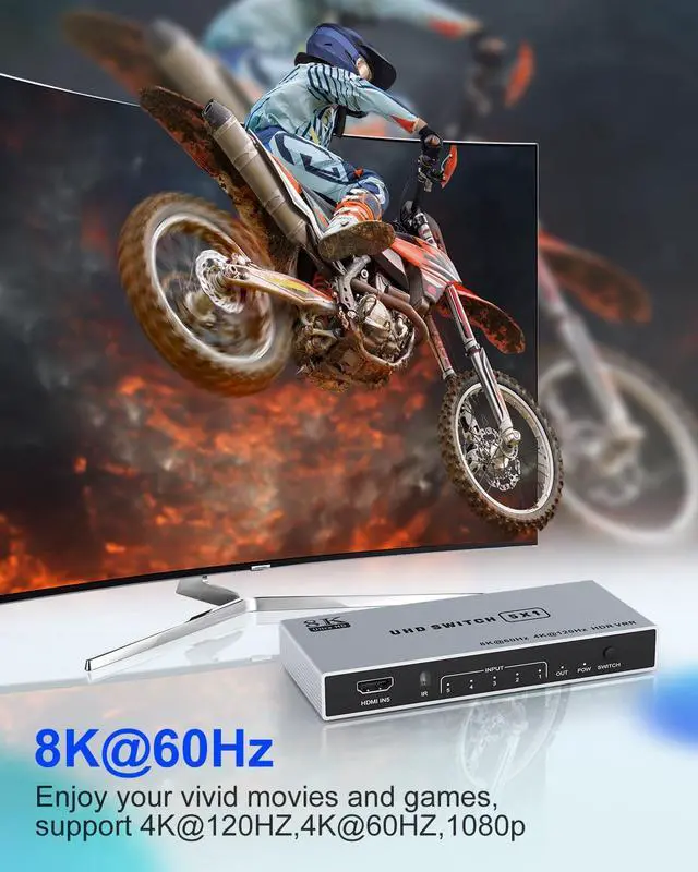 Alt view image 3 of 7 - BUCIER 8K HDMI Splitter 5 in 1 Out HDMI Switch - 4k 120Hz HDMI 2.1 Switch Box Port Expander Selector with Remote Support 3D/HDR/HDCP2.3 Vision, Compatible with PS 5/4/3 Xbox Switch DVD Player TV PC