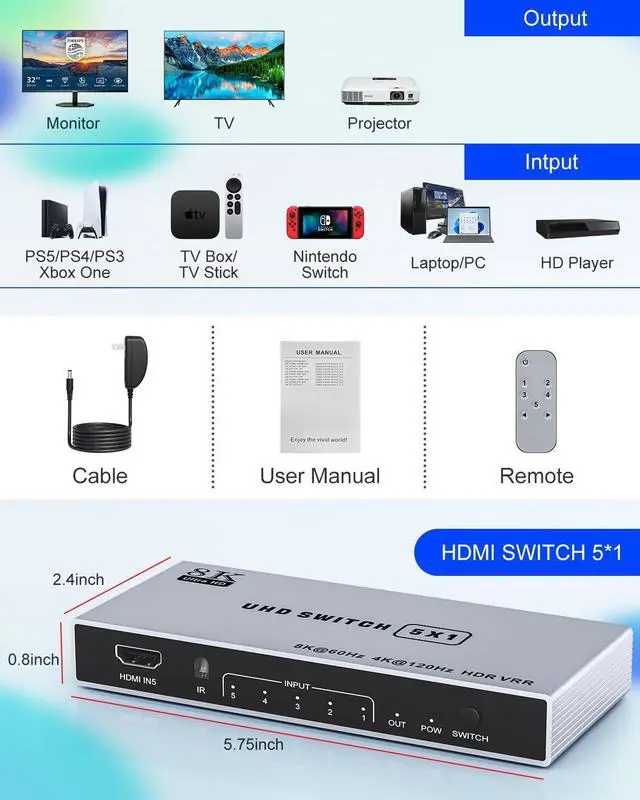 Alt view image 7 of 7 - BUCIER 8K HDMI Splitter 5 in 1 Out HDMI Switch - 4k 120Hz HDMI 2.1 Switch Box Port Expander Selector with Remote Support 3D/HDR/HDCP2.3 Vision, Compatible with PS 5/4/3 Xbox Switch DVD Player TV PC