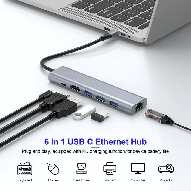 Alt view image 2 of 7 - BUCIER USB C Hub HDMI with 4K, 6 in 1 USB C Docking Station with 3 USB 3.0 Ports, Type C with Ethernet Adapter for MacBook/Laptop/Surface, Laptop Docking Station with 100W PD Charging