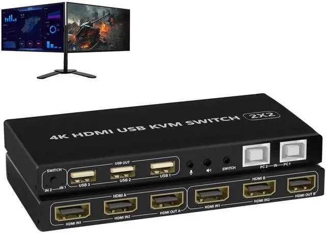 Main image of BUCIER Dual Monitor KVM Switch 2 Port 4K@60Hz, 2 in 2 Out with Audio, 3 USB 2.0 Hub, Black, Toggle Switch, ON-NONE-ON Operation
