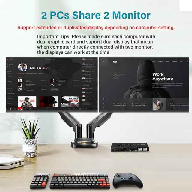 Alt view image 3 of 7 - BUCIER Dual Monitor KVM Switch 2 Port 4K@60Hz, 2 in 2 Out with Audio, 3 USB 2.0 Hub, Black, Toggle Switch, ON-NONE-ON Operation